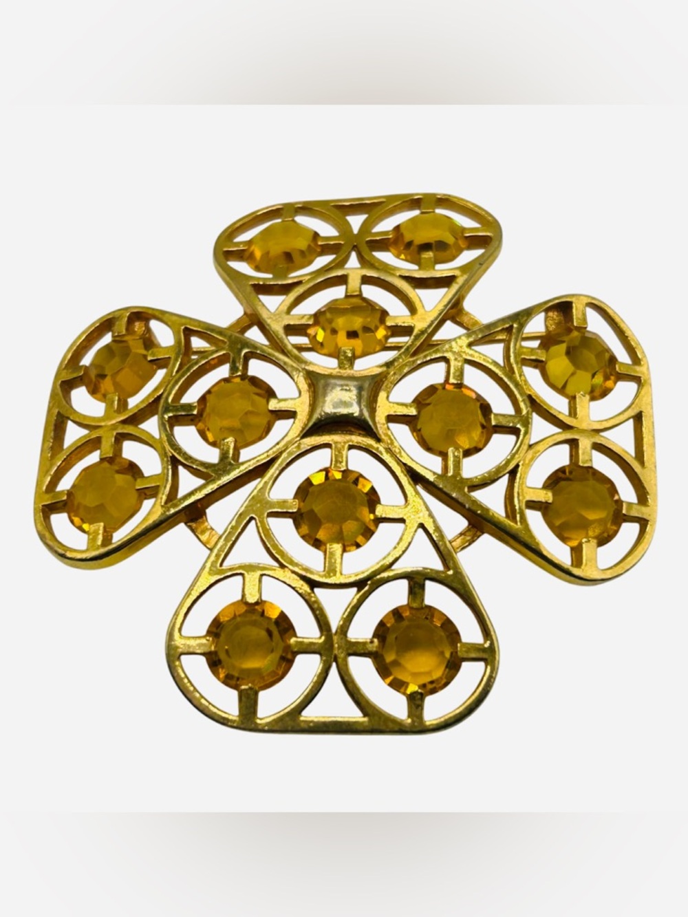 Vintage Golden Topaz Glass Maltese Cross Brooch